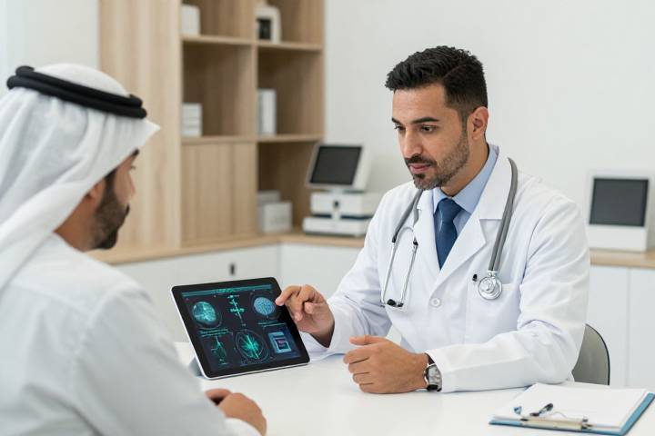 طبيب استشاري يناقش الفحوصات الطبية مع مريض في عيادة حديثة