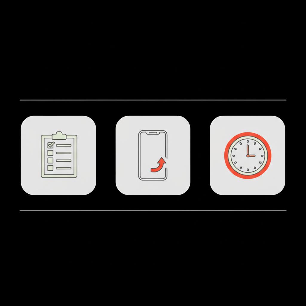 Minimal full-frame infographic for Gmail account recovery showing three vector icons — checklist, phone, and clock — in Social Success Hub brand colors.