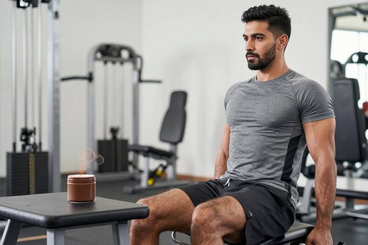 شاب عربي يمارس تمارين رياضية في صالة الألعاب الرياضية ويشم رائحة الشوكولاتة.