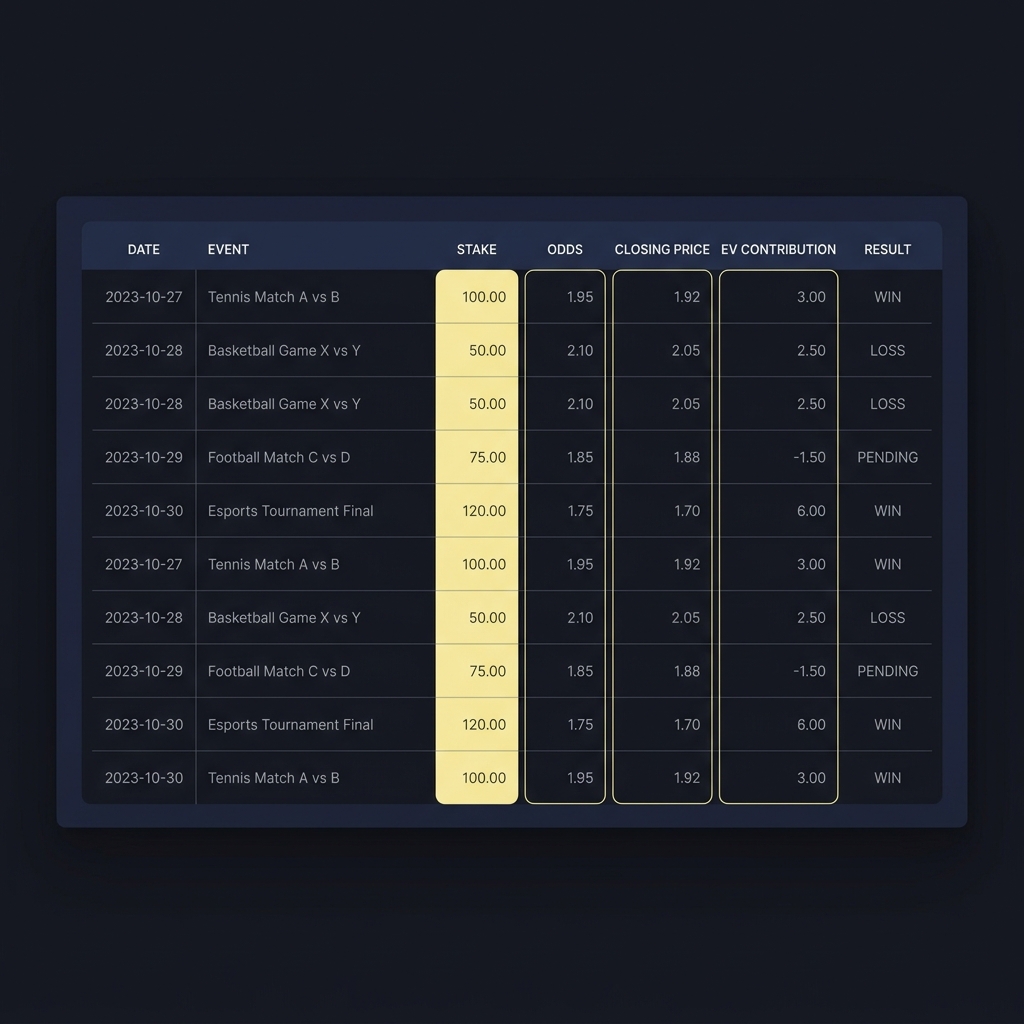 Weekly Review Template for Sports Traders clean full frame spreadsheet view with highlighted stake odds closing price and EV contribution columns on a Funded Plays dark branded background
