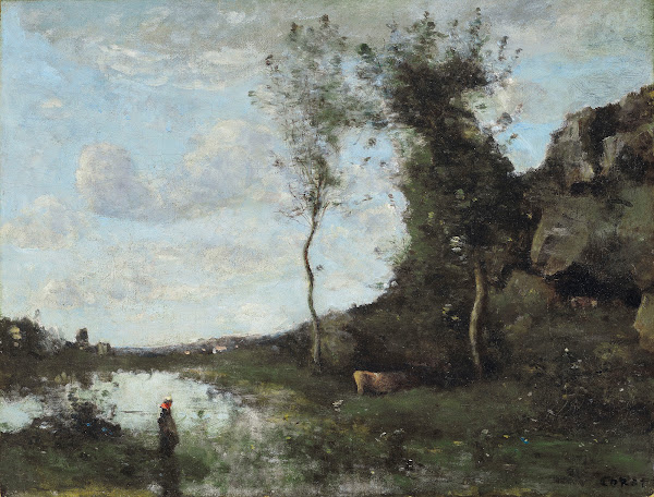 Une Paysanne Et Sa Vache À La Mare En Vue Dun Village ca 1860 1865