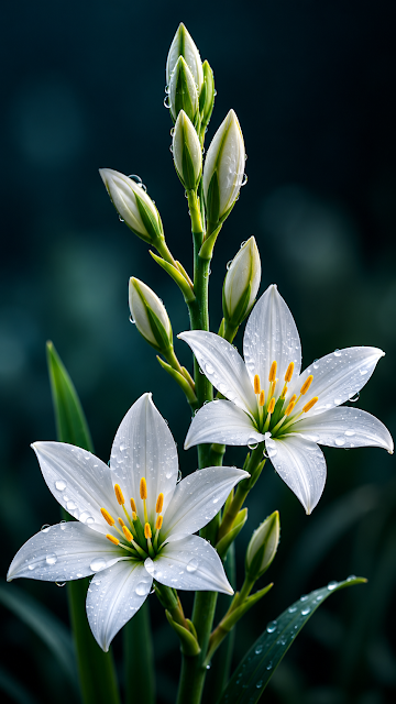 Macro White Starflowers on Dark Teal Background - Free mobile Wallpaper