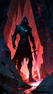 Dark Knight Warrior In Red Lava Cavern With Glowing Sword