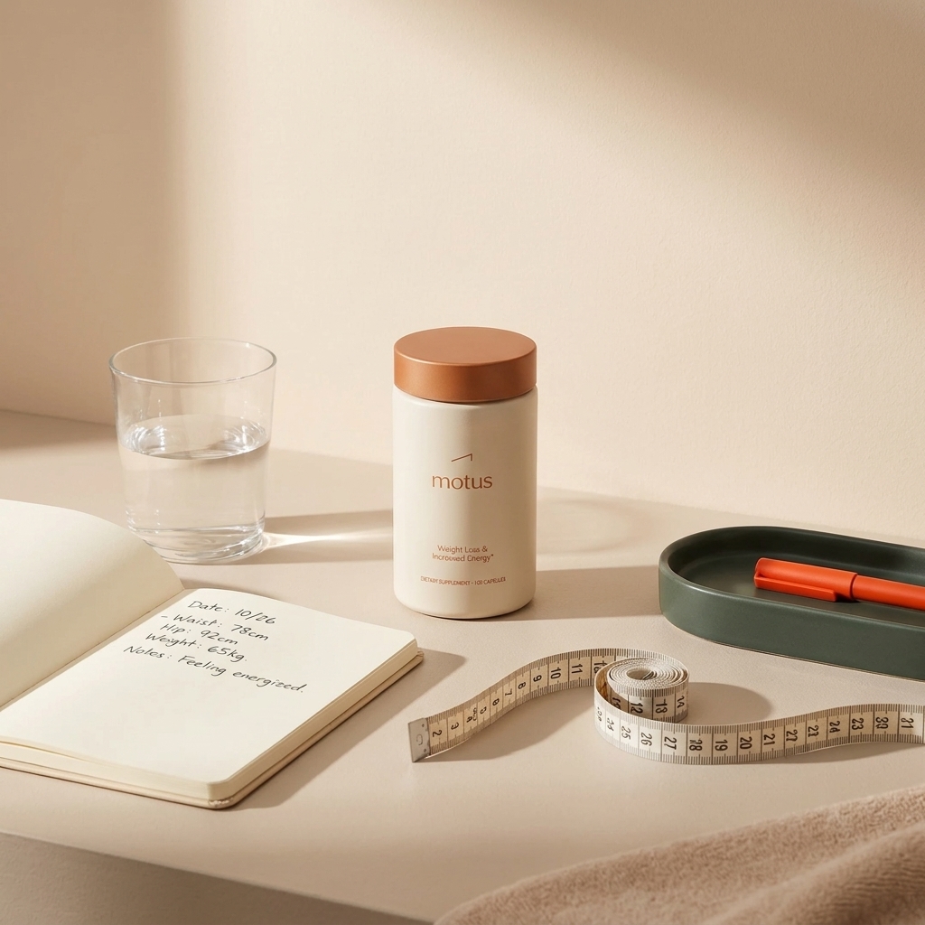 Minimalist bathroom counter with Tonum supplement container, tape measure, glass of water and measurement notebook supporting post menopausal belly fat tracking