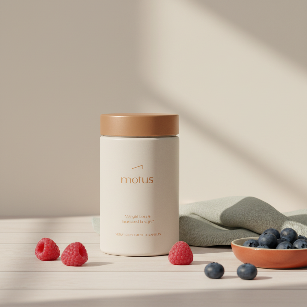 Motus supplement jar on pale wooden surface with berries and linen napkin in a minimalist Tonum scene for probiotics for weight loss, full-frame product shot.