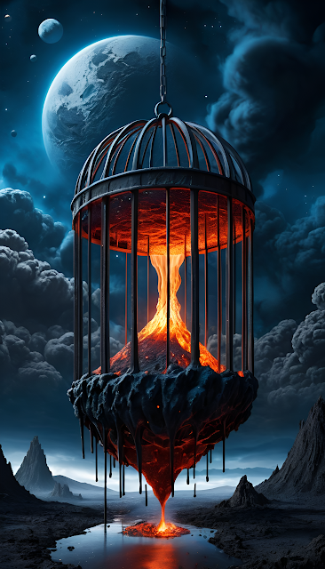 Volcano Trapped in Giant Cage Under Alien Moon - Free mobile Wallpaper