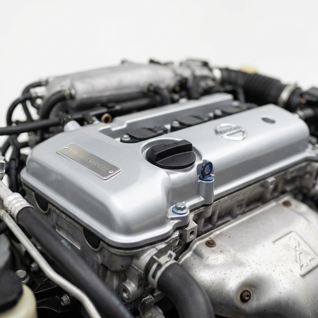 Close up full frame photo of VQ35DE engine bay showing valve covers oil fill and visible VIN plate on a Nissan 350z for sale with clean white background and subtle blue accent