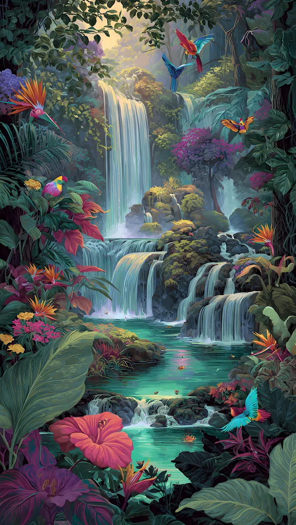 Lush Tropical Jungle Waterfall Vibrant Exotic Birds Painting