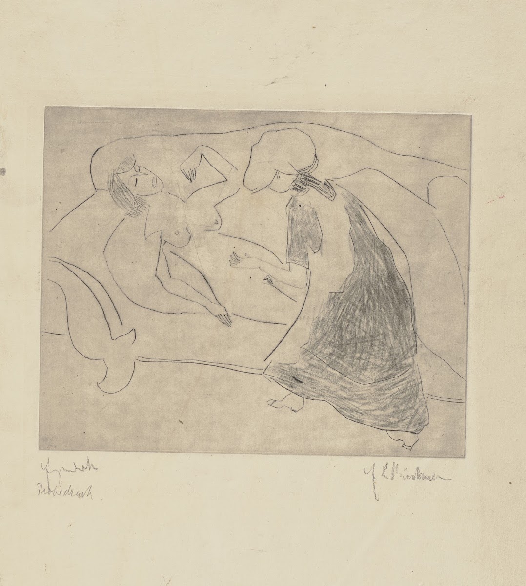 Mädchen einer anderen den Bauch frottierend 1910