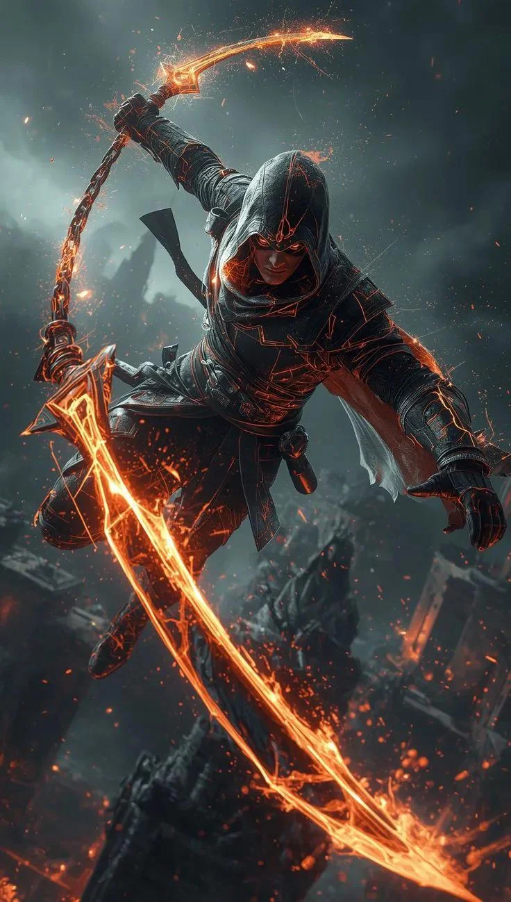 Hooded Assassin With Fiery Blades - Digital Fantasy Art iPhone Wallpaper (736x1298)
