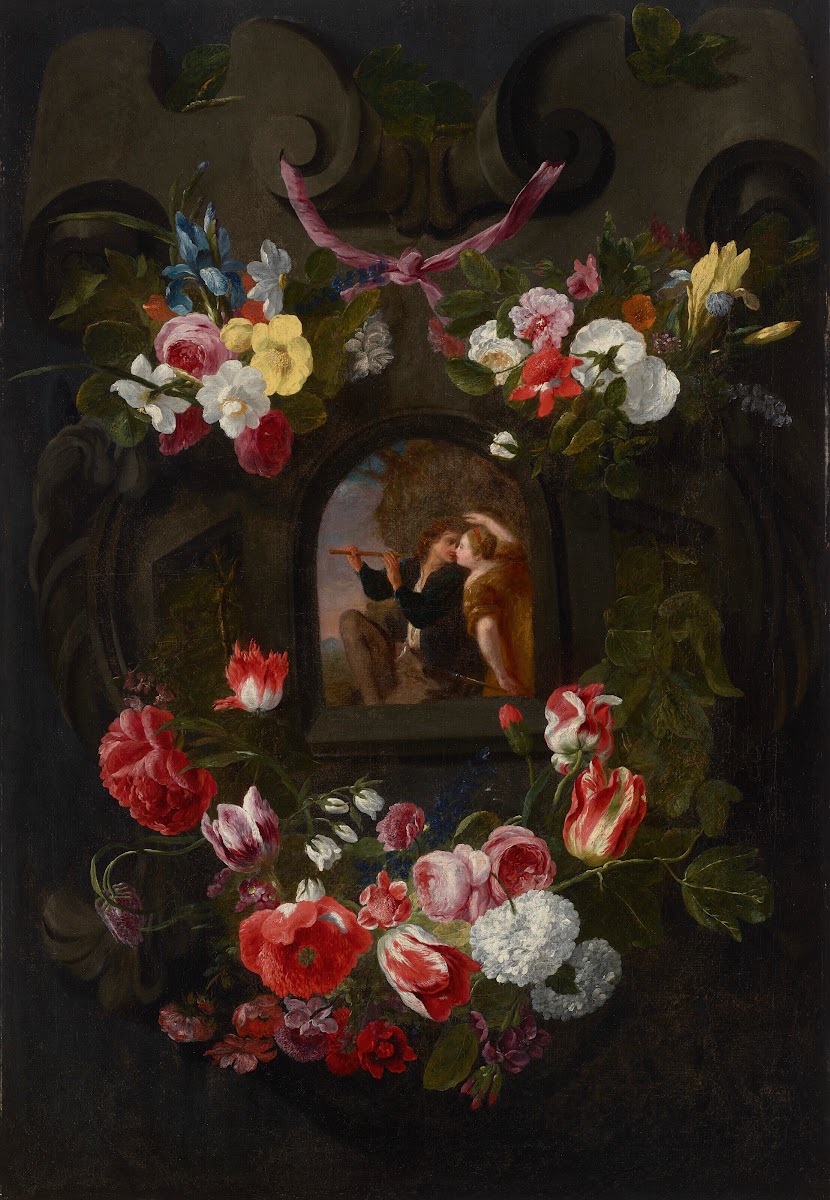 Allegories of the Four Seasons surrounded by garlands of seasonal flowers and fr