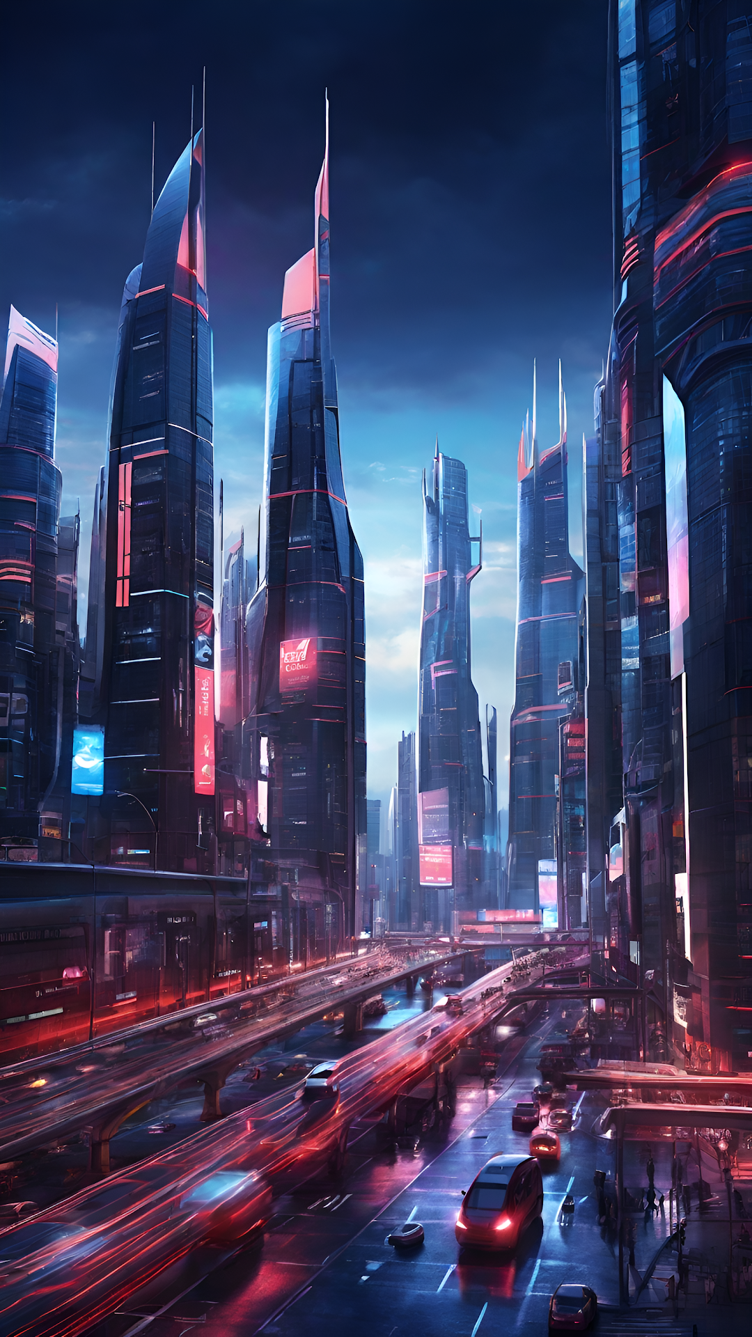 Futuristic Cityscape with Neon Skyscrapers and Light Trails - Free 4K mobile Wallpaper