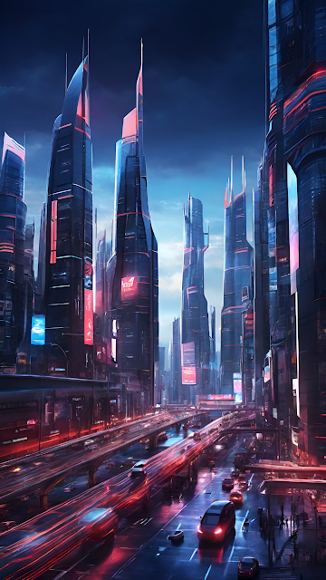 Futuristic Cityscape with Neon Skyscrapers and Light Trails - Free mobile Wallpaper