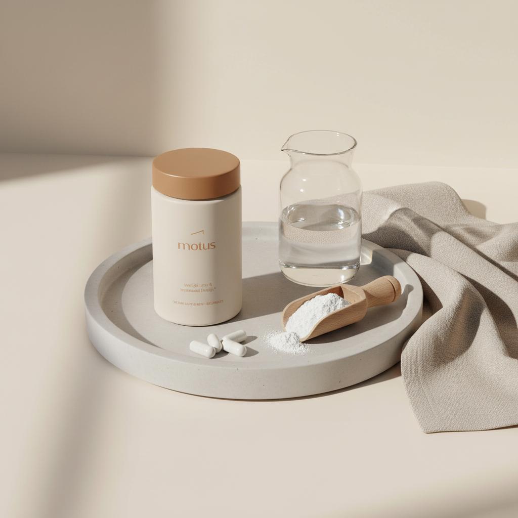 Motus supplement bottle on a concrete tray with scattered capsules, glass carafe, linen napkin and wooden scoop of creatine powder — best supplements for energy