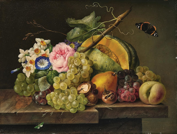 Still Life with Grapes Pumpkin Pear Walnuts Rose Daffodils and Butterfly