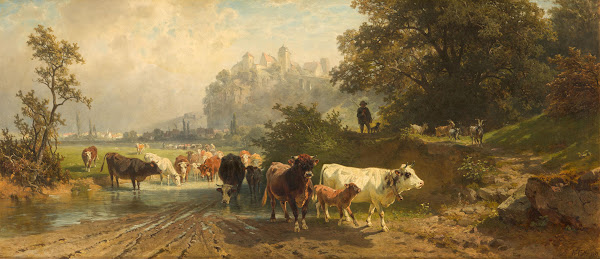 Viehtreiber in Bayerischer Landschaft mit Blick auf eine Burg 1881