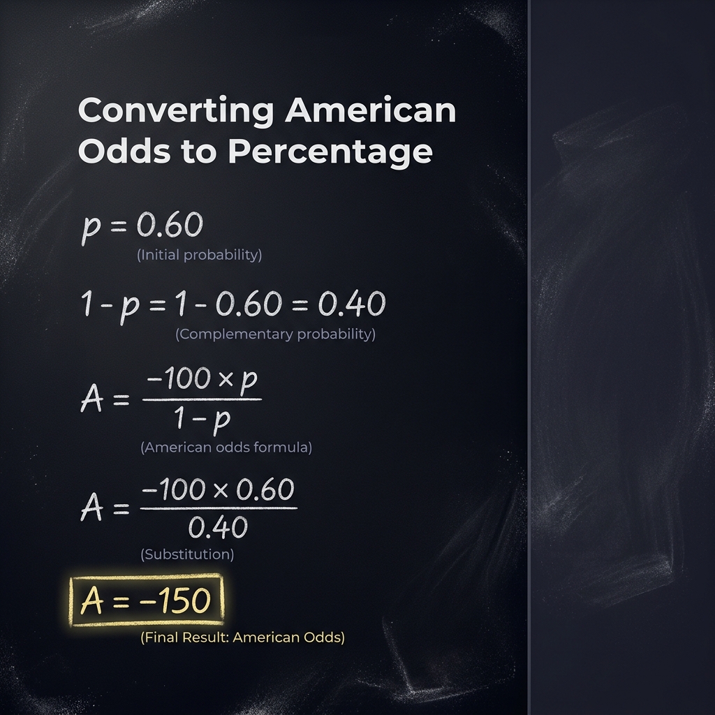 Step by step chalkboard algebra converting american odds to percentage showing p equals 0.60 1 minus p equals 0.40 substitution A equals negative 100 times p divided by 1 minus p final result A equals negative 150