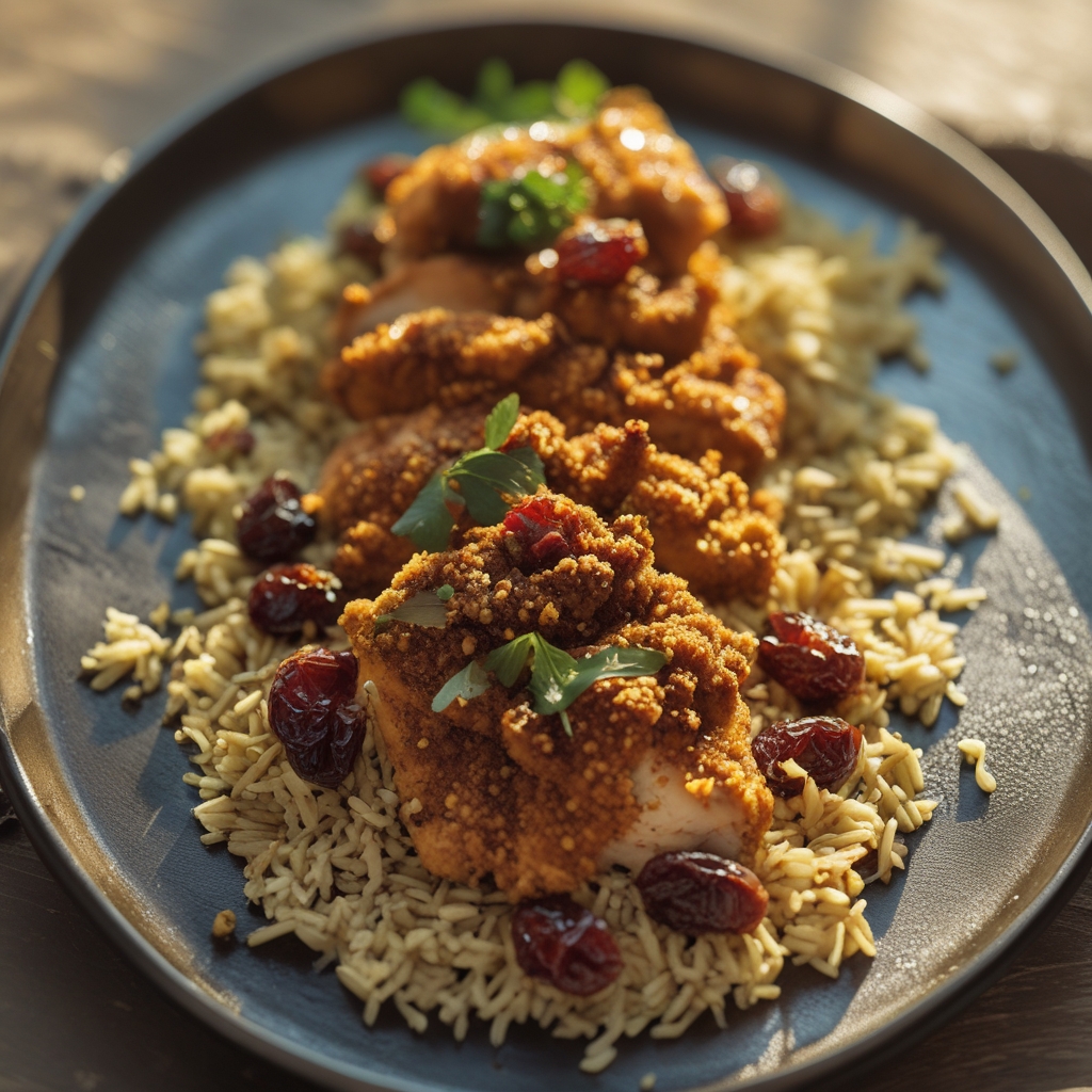 Final Crispy Saffron Yogurt Chicken & Freekeh Pilaf Power Plates with Golden Raisin Chutney