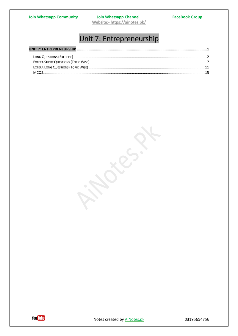 FBISE Class 9 Chapter 7 Entrepreneurship