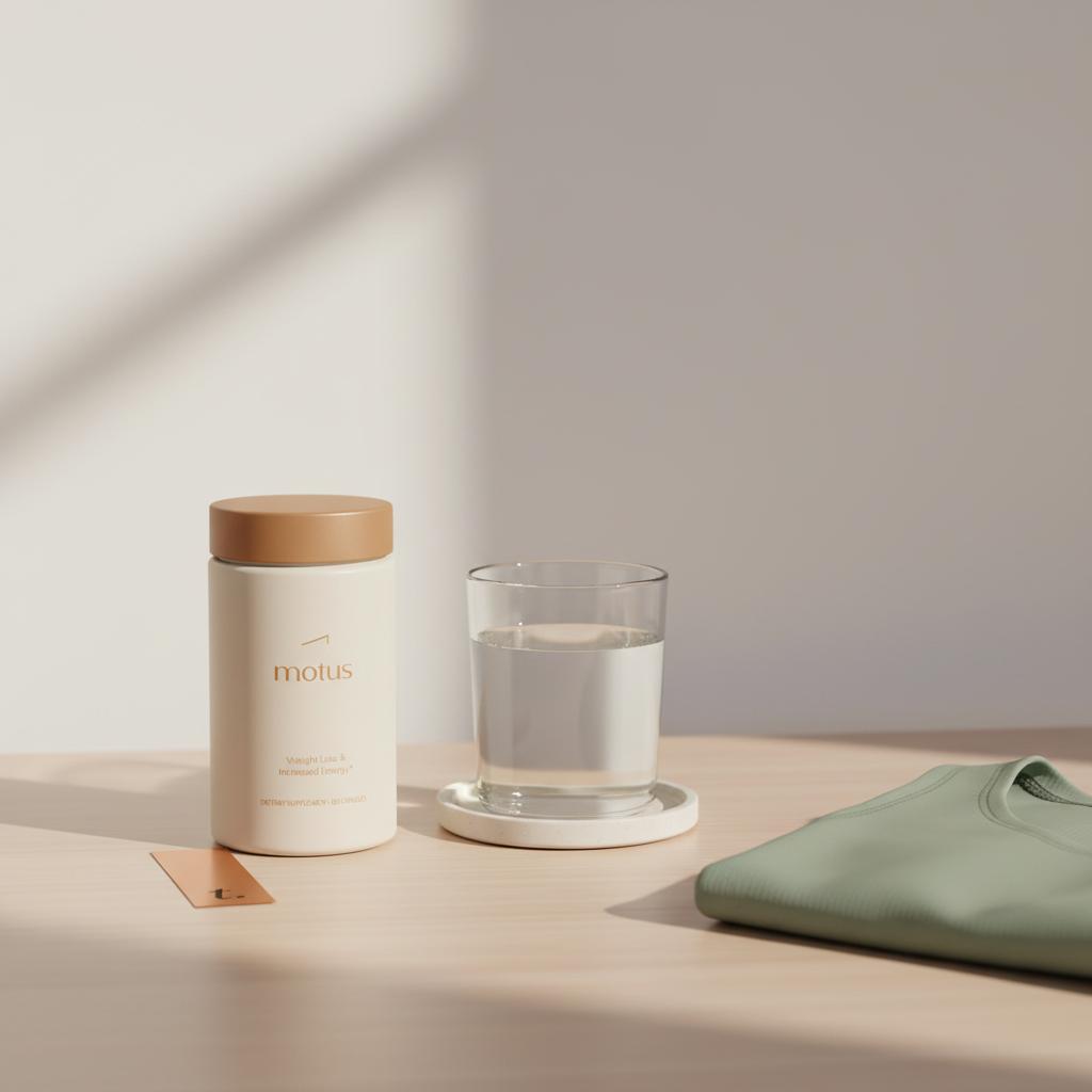 Minimal bedside table with Tonum Motus supplement jar, glass of water and folded workout top in soft beige morning light, conveying routine and creatine for women.
