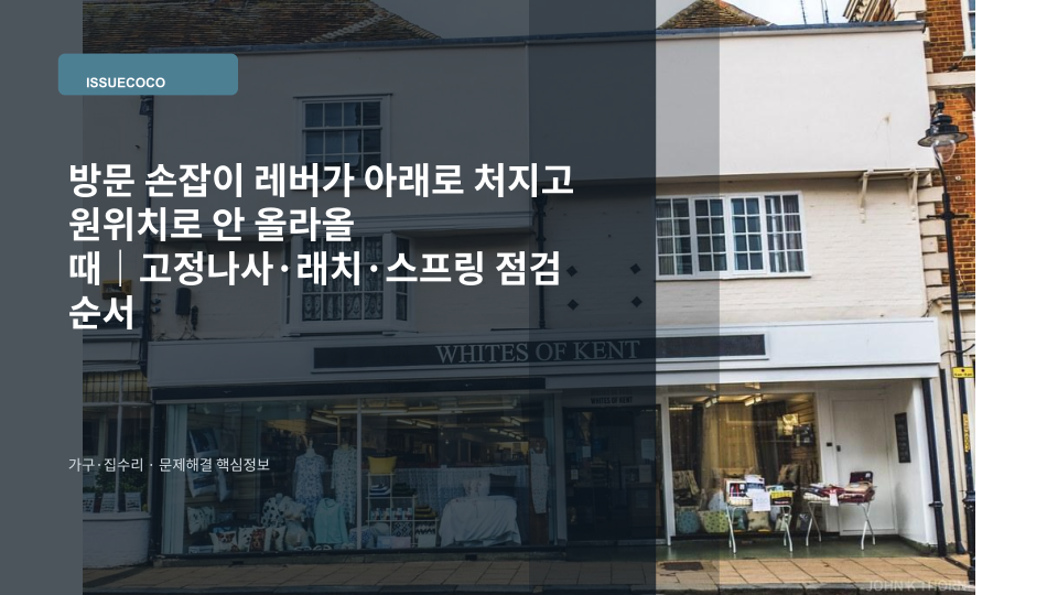 방문 손잡이 레버가 아래로 처져 원위치로 돌아오지 않는 상태를 확인하는 모습