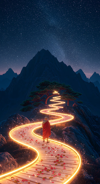 Illuminated Mountain Trail with Monk and Red Petals - Free mobile Wallpaper