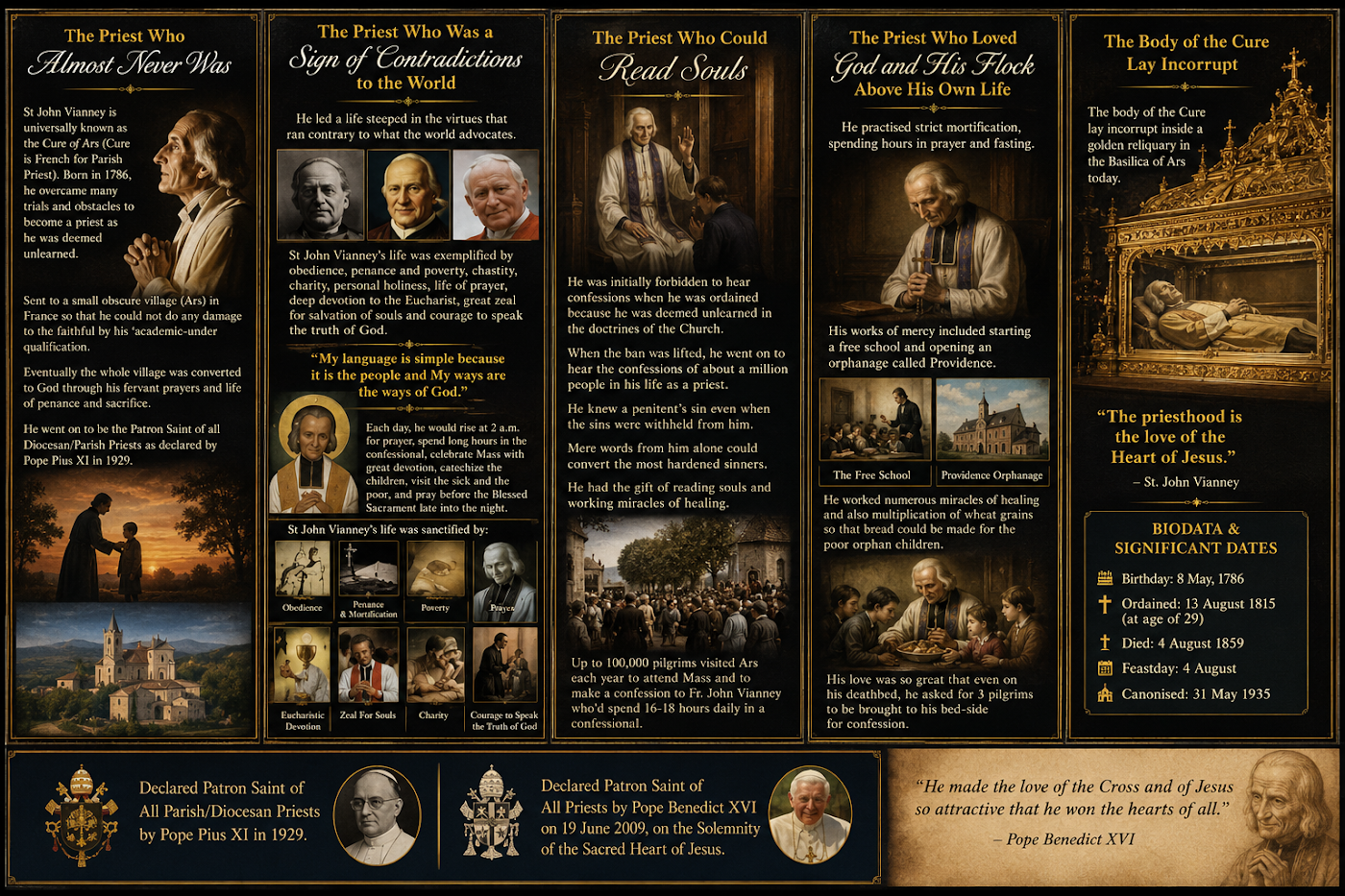 A humble village priest whose extraordinary holiness transformed a nation. Through prayer, sacrifice, and love for souls, St. John Vianney became the Patron Saint of Parish Priests and one of the Church's greatest examples of pastoral ministry.