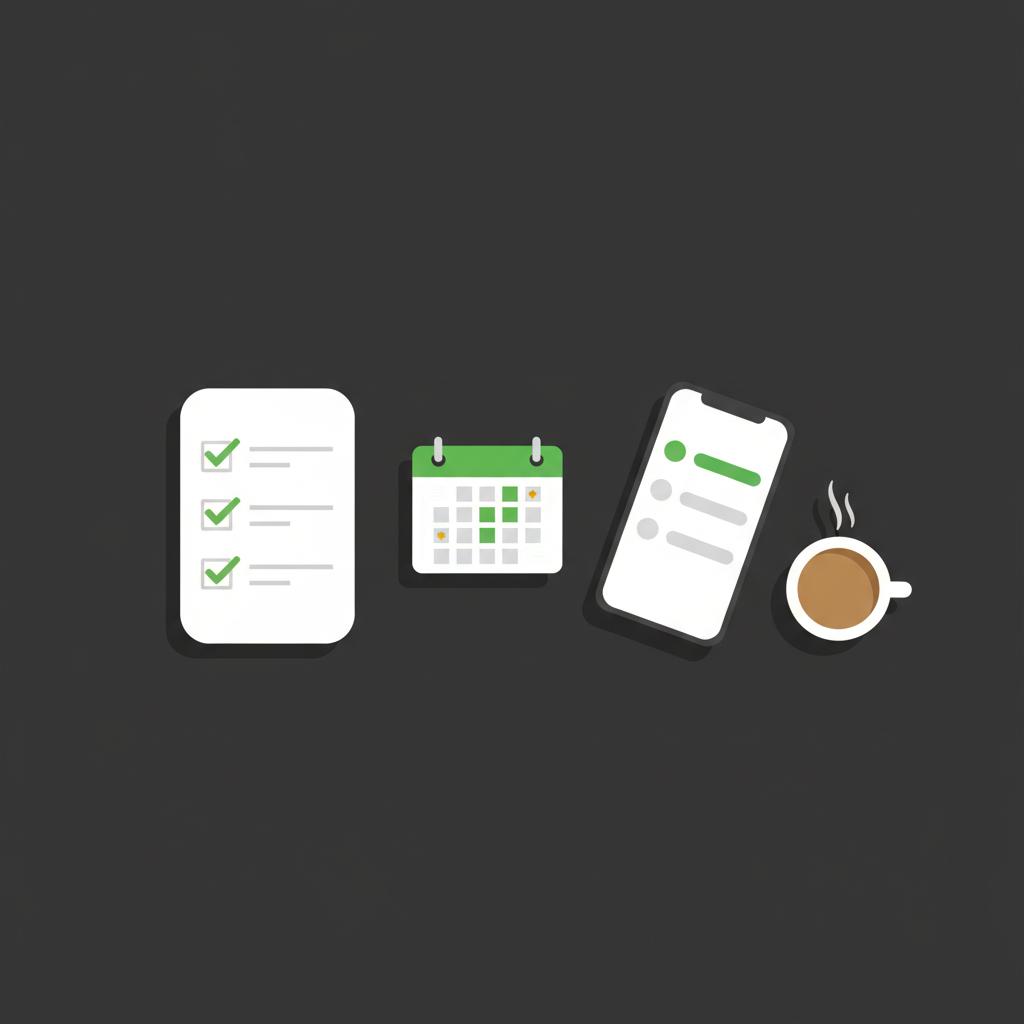 Minimal 2D vector desk scene with checklist calendar highlighting a two week period smartphone listing and coffee cup conveying multi stream income planning
