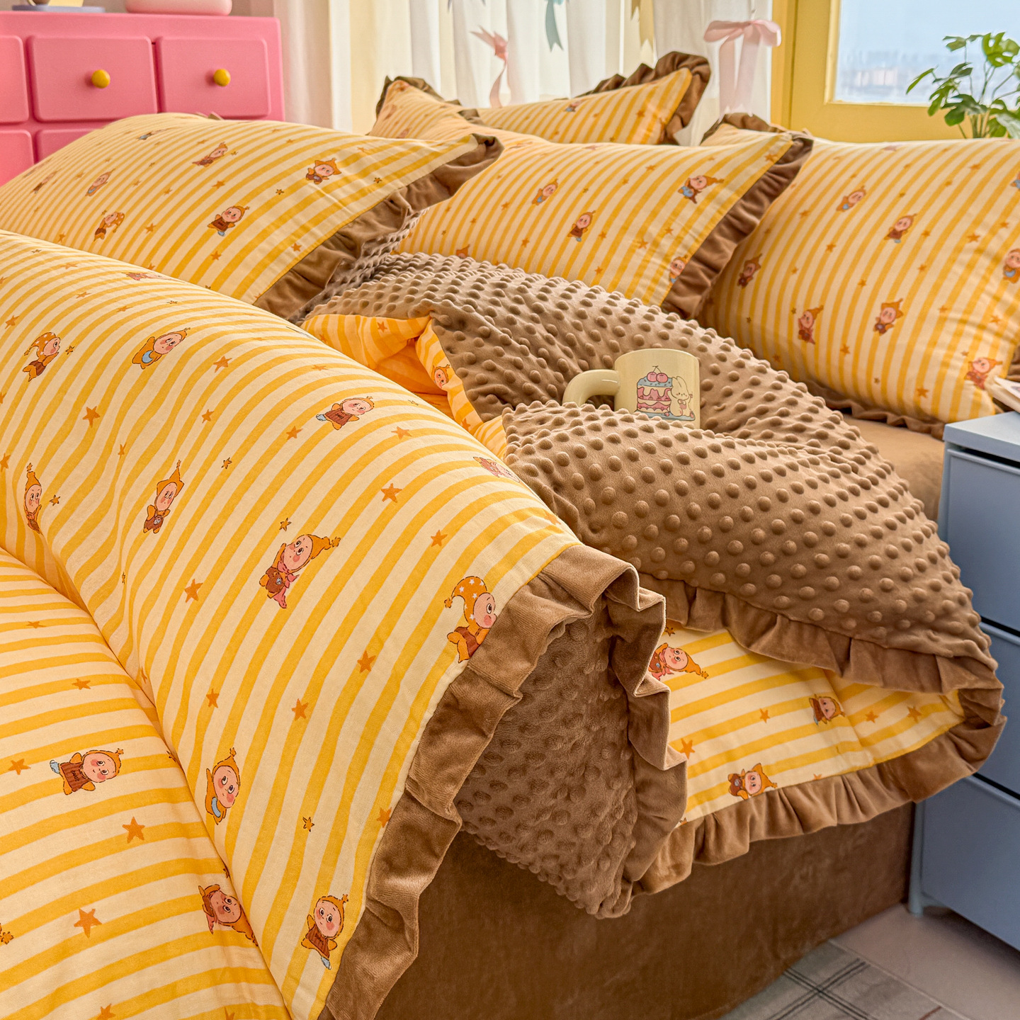 Cotton bedding set, double-layered, with fleece inside