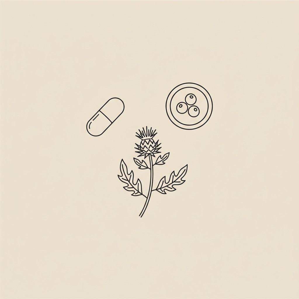 Minimalist Tonum-style line illustration of a capsule, milk thistle sprig and a small plate of berries on beige background #F2E5D5, for article about do fat burners work