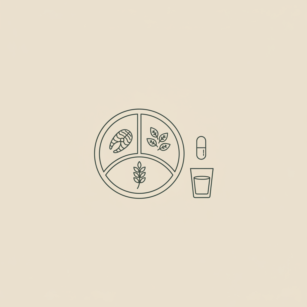 Minimalist line illustration of a divided plate with protein, vegetables and whole grains beside a capsule and water glass on a beige background — how to lose 20 pounds in 2 months
