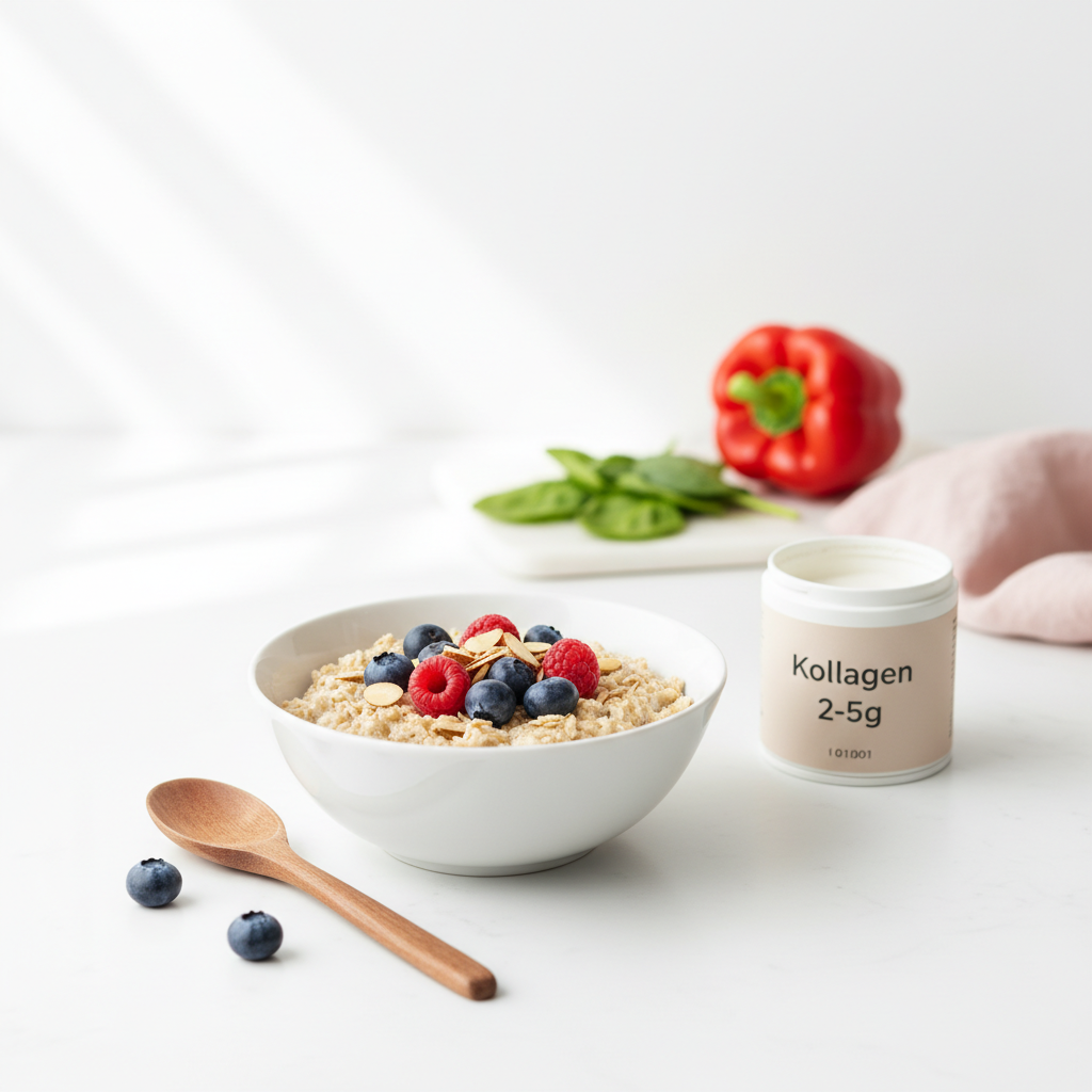 Was essen für stärkere Nägel: Helle Küchentheke mit Haferbrei, Beeren, gehackten Mandeln und kleinem Gefäß 'Kollagen 2-5g', Spinat und Paprika im Hintergrund