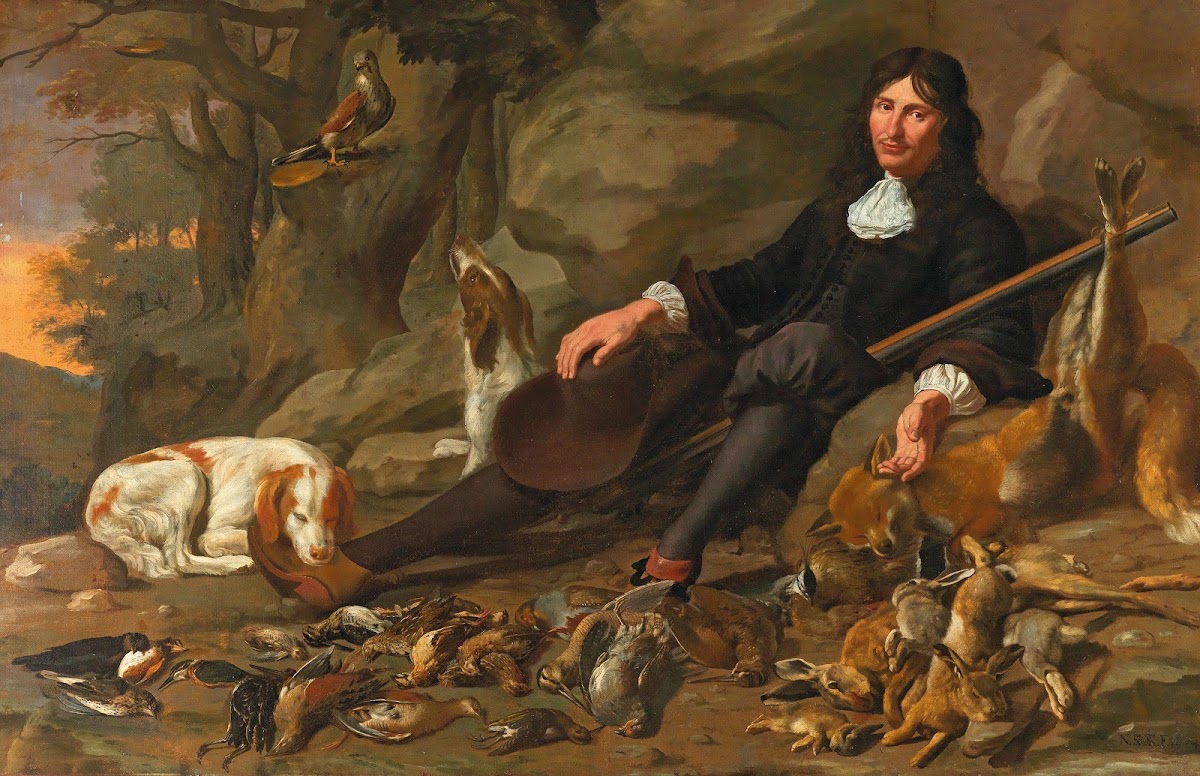 An Elegant Huntsman With His Dog And Game Resting In A Rocky Landscape Oil On Ca
