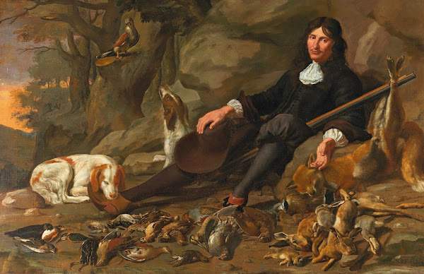 An Elegant Huntsman With His Dog And Game Resting In A Rocky Landscape Oil On Ca
