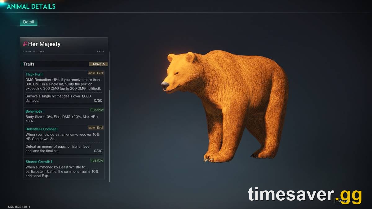 Once Human Grade-S bear companion in the Animal Details menu, showing traits such as Thick Fur — the Beastmaster attribute system the update reworks