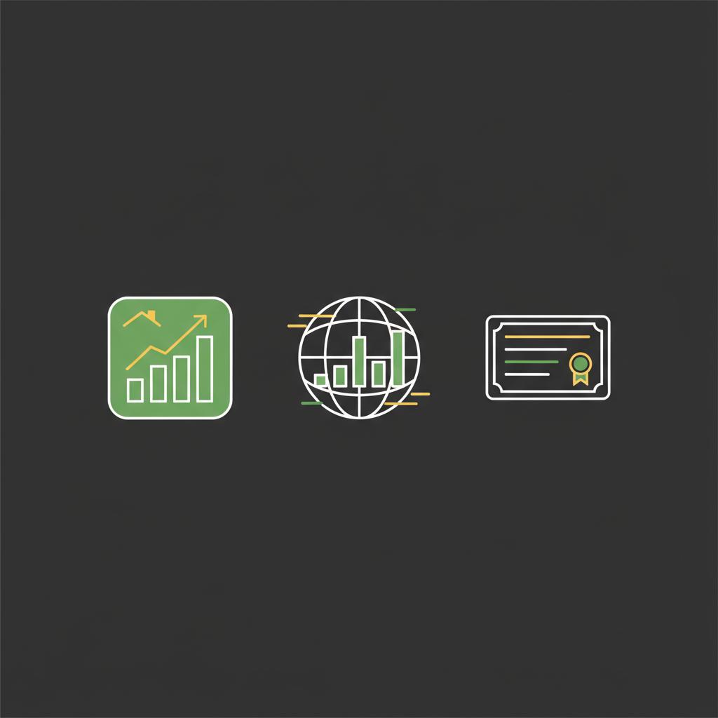 Minimal 2D vector of three starter portfolio icons showing domestic equity international equity and bonds on dark background how to start an etf