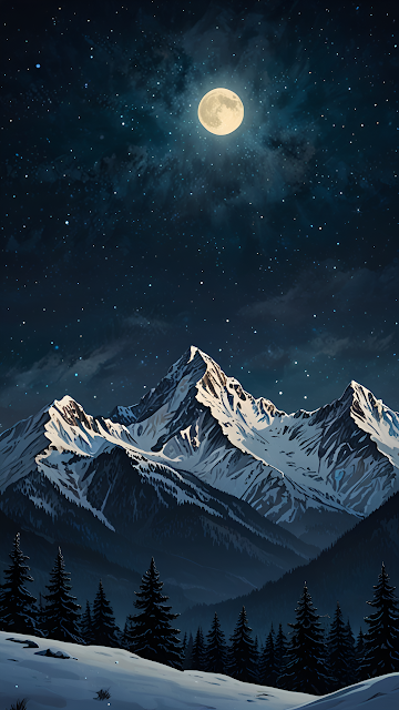 Full Moon Over Majestic Snowy Alpine Peaks at Night - Free mobile Wallpaper