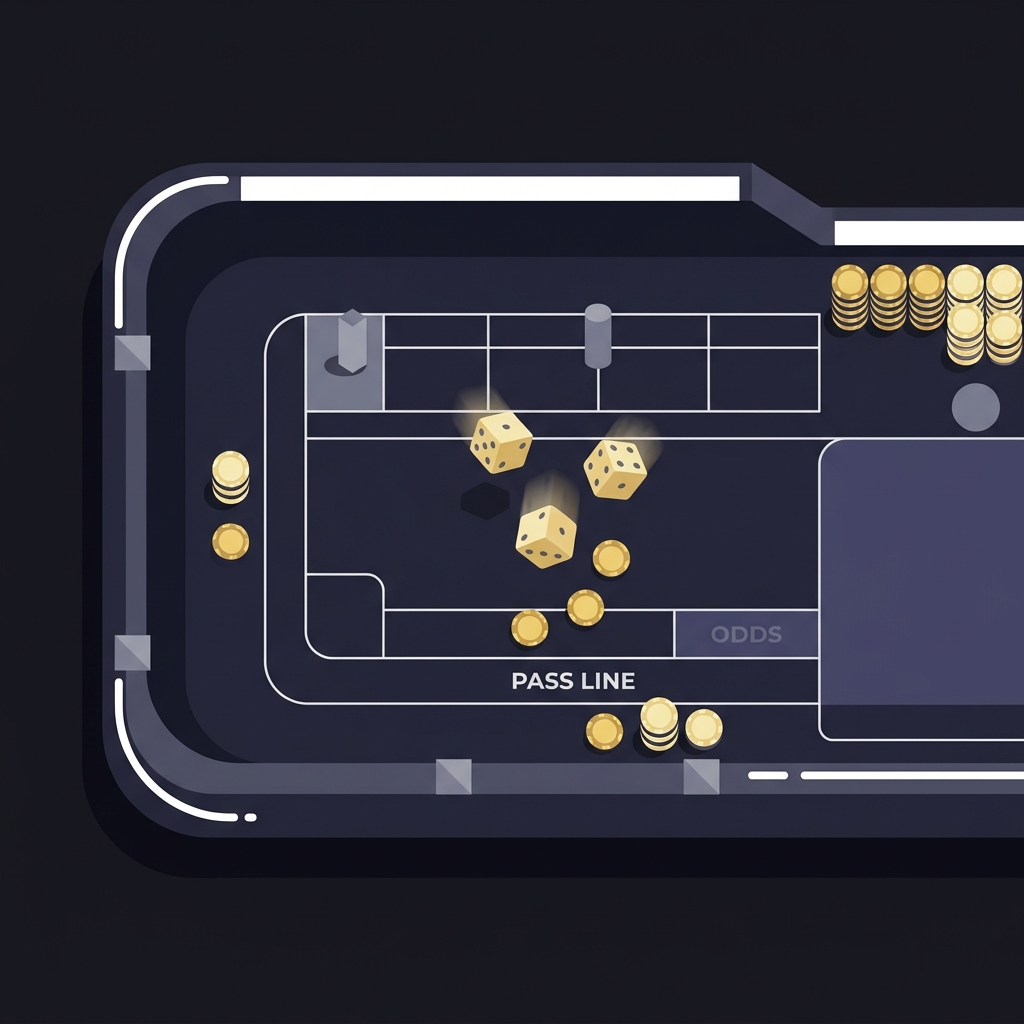 Minimalist 2D vector top view of a craps table showing pass line and odds area with chips and dice suggesting a lively game one bet vegas