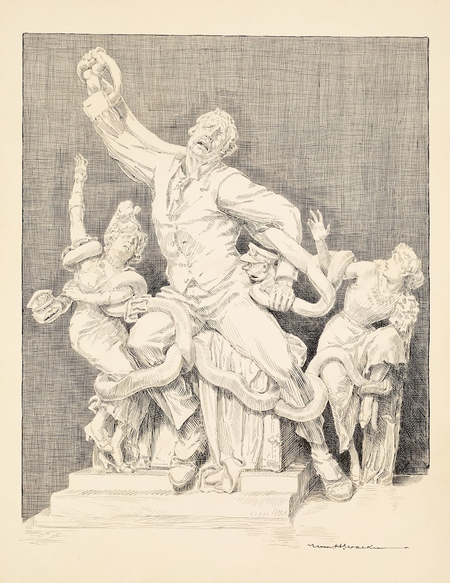 A man and two women are attacked by snakes with the heads of men 1907