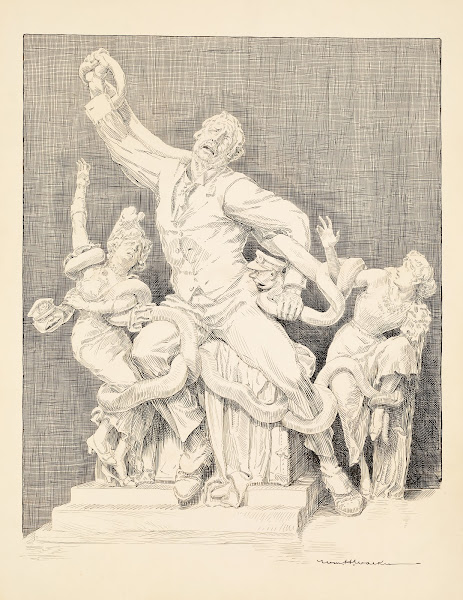A man and two women are attacked by snakes with the heads of men 1907