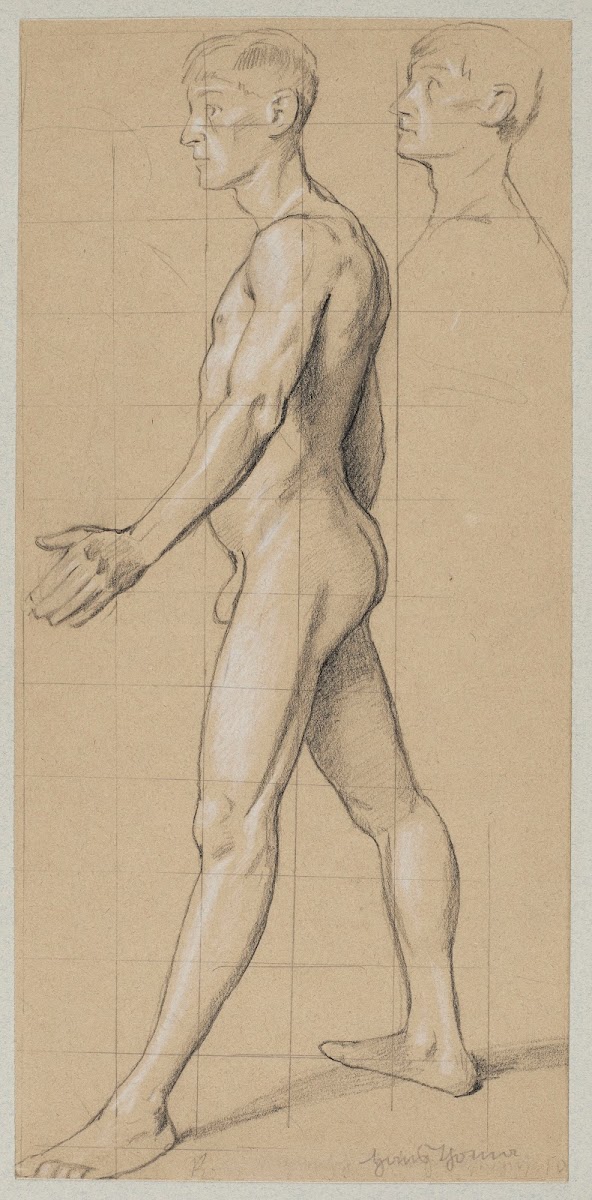 Nude Male Walking in Profile in the Top Right Corner  Repetition of His Head 188