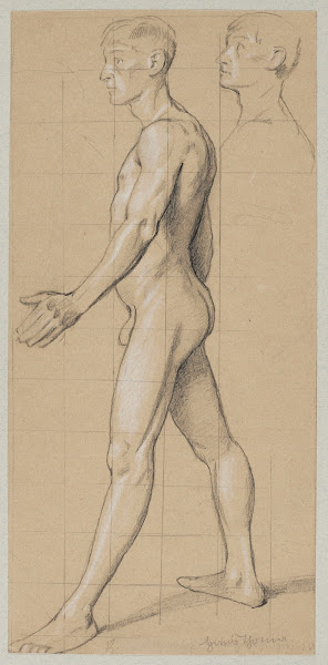 Nude Male Walking in Profile in the Top Right Corner  Repetition of His Head 188