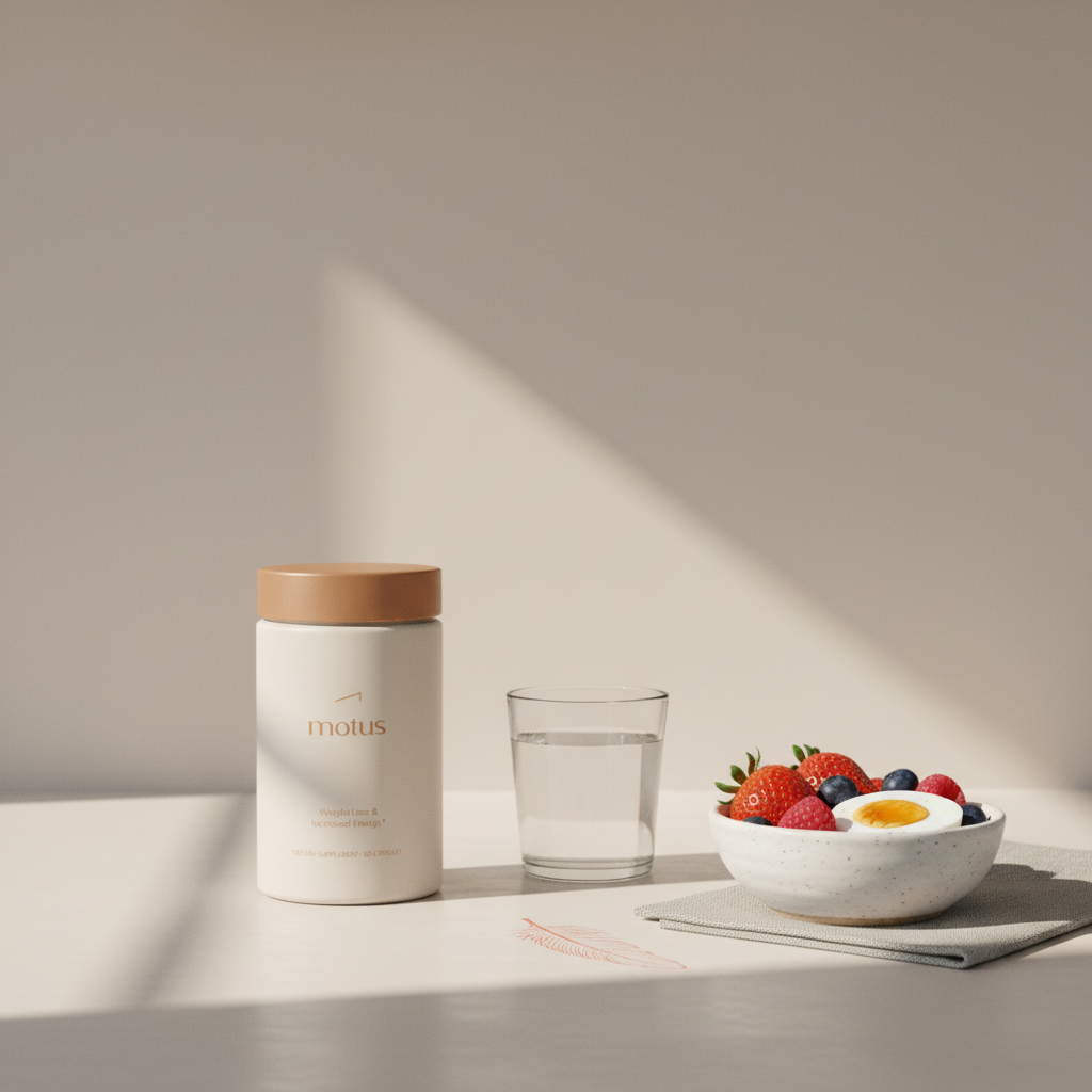Minimalist kitchen scene with Tonum Motus supplement jar beside a bowl of berries and a glass of water, highlighting daily weight-loss routine — side effects of bariatric advantage