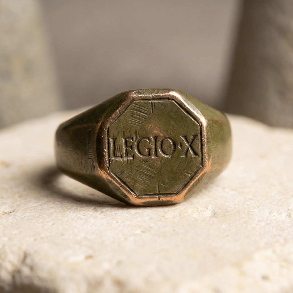 Close up detail of an octagonal bezel roman bronze ring with visible tooling marks and smooth olive green patina on warm neutral background ede7da Aurora Antiqua aesthetic