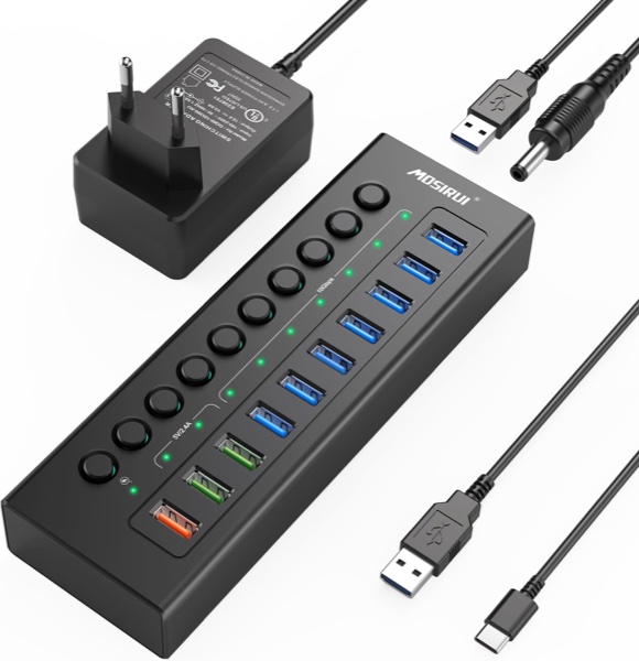 RSHTECH Hub USB 3.0 de 7 Puertos con Cuerpo de Aluminio y Fuente 24W