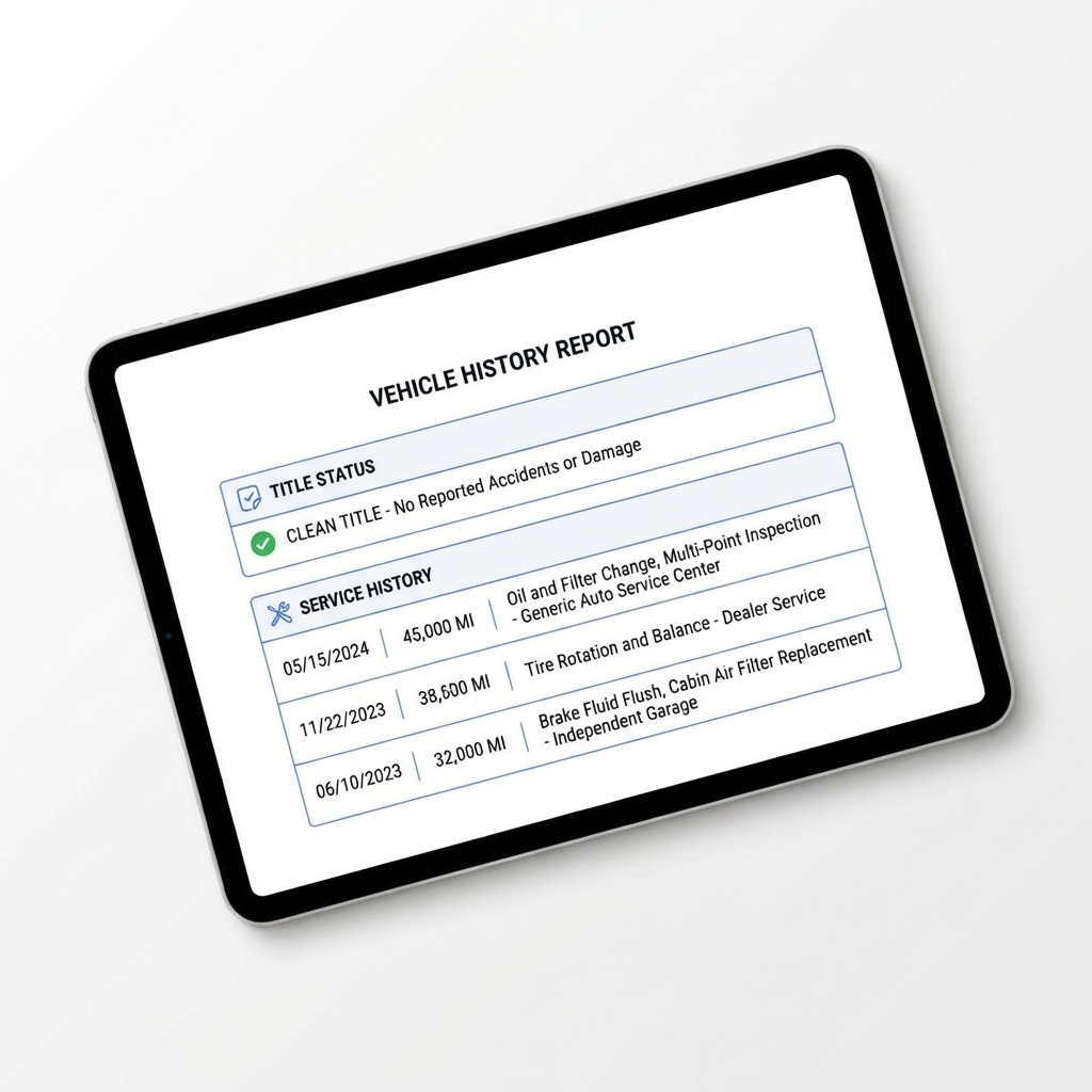 Close up tablet showing vehicle history report with title status and service history entries for an audi q5 for sale minimal clean CarFax Deals layout