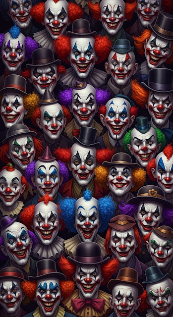 Dense, Chaotic Crowd of Smiling Evil Clowns with Hats in a Dark Setting - Free mobile Wallpaper