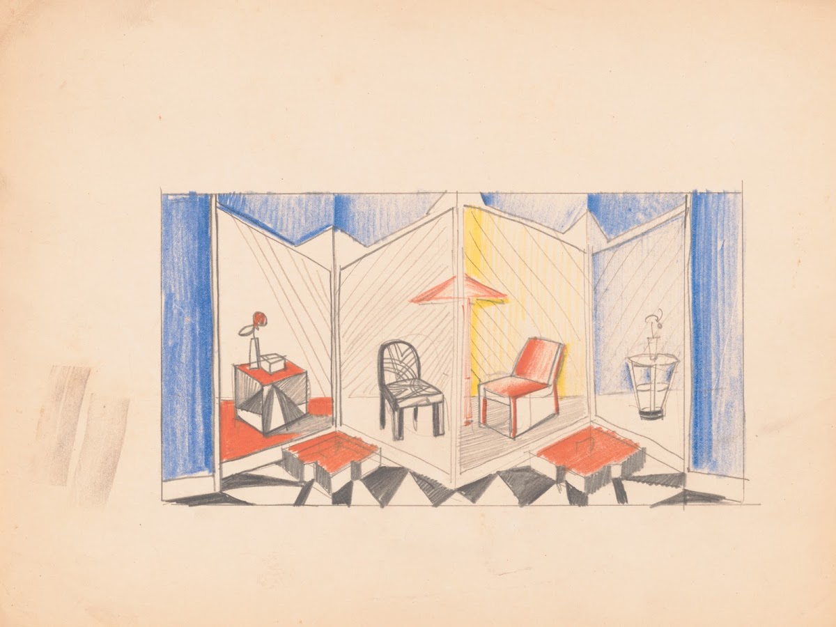 Exhibit design with stage in form of folding screen Sketch of exhibit with moder
