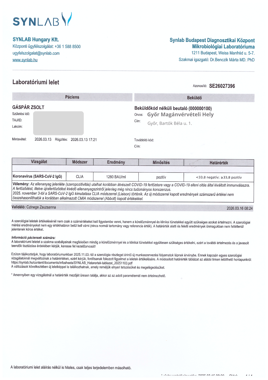 Synlab laborlelet — 2026. március, 1280 BAU/ml