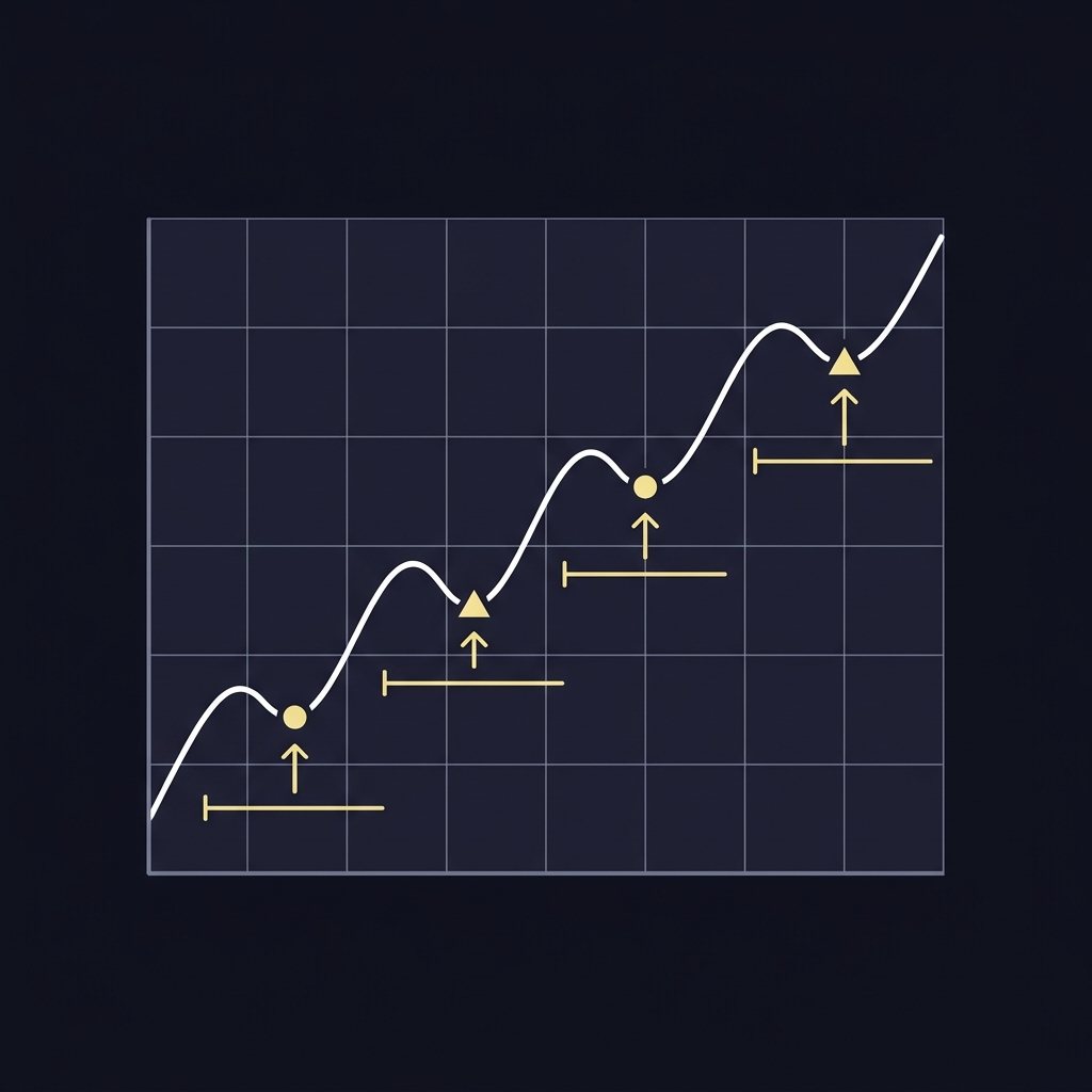 Minimal 2D vector schematic price chart showing pyramiding steps with tightened stop lines after each add How to Scale Position Size Without Losing Control in Funded Plays brand colors